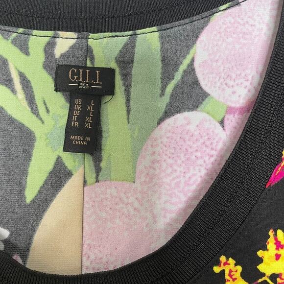 G.I.L.I Black Floral T-Shirt Shift Maxi Dress L Stretchy Tropical Vacation Vibes - Picture 3 of 7